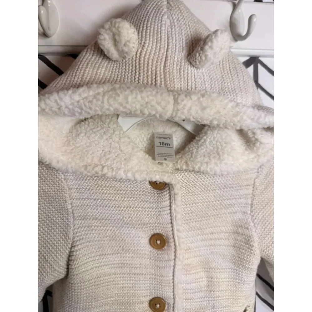 Carter’s Cream Shearling Lined Knit Button Sweater Jacket Baby Unisex 18M 5037
